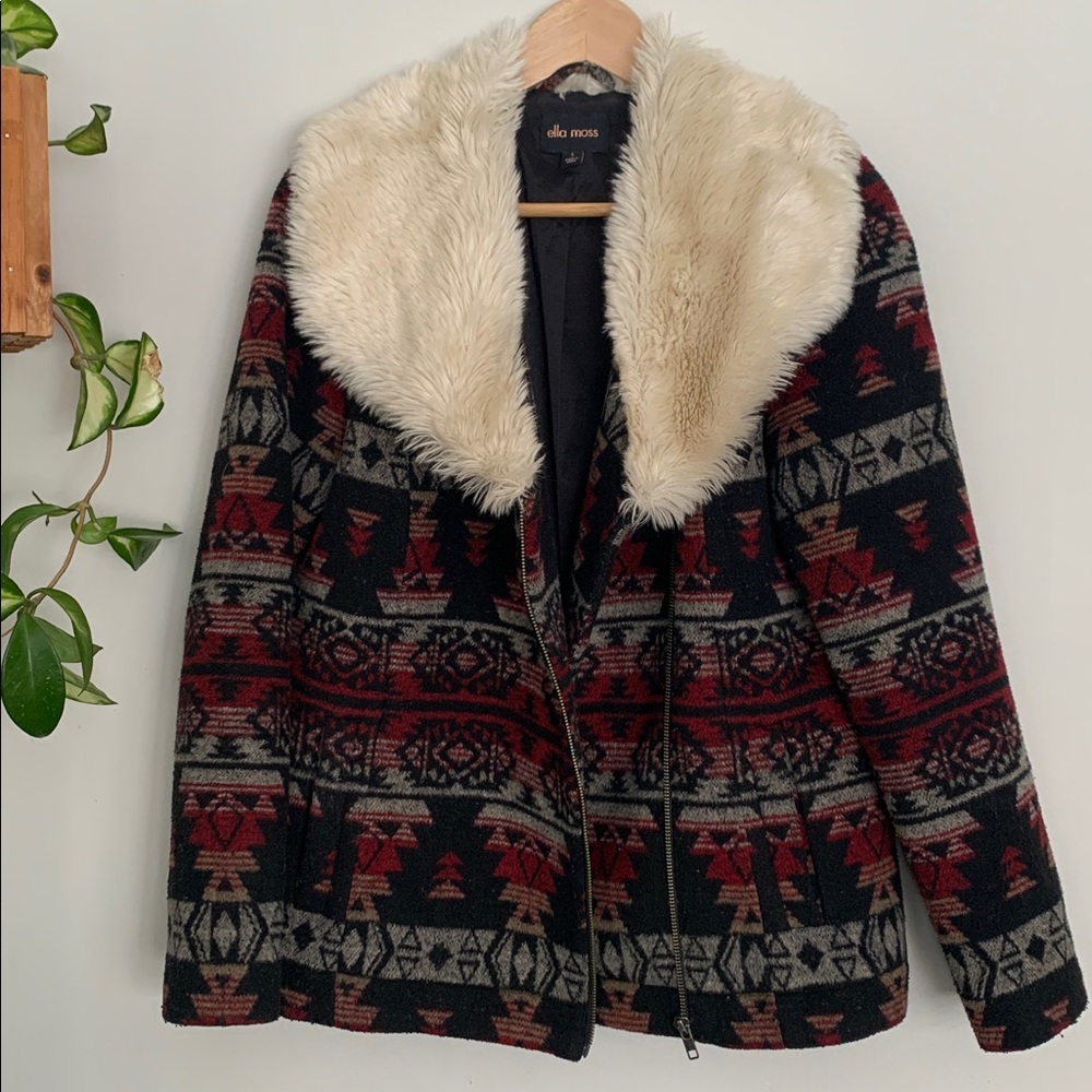 Ella Moss Black and Red Patterned Jacket with Cream Faux Fur Collar